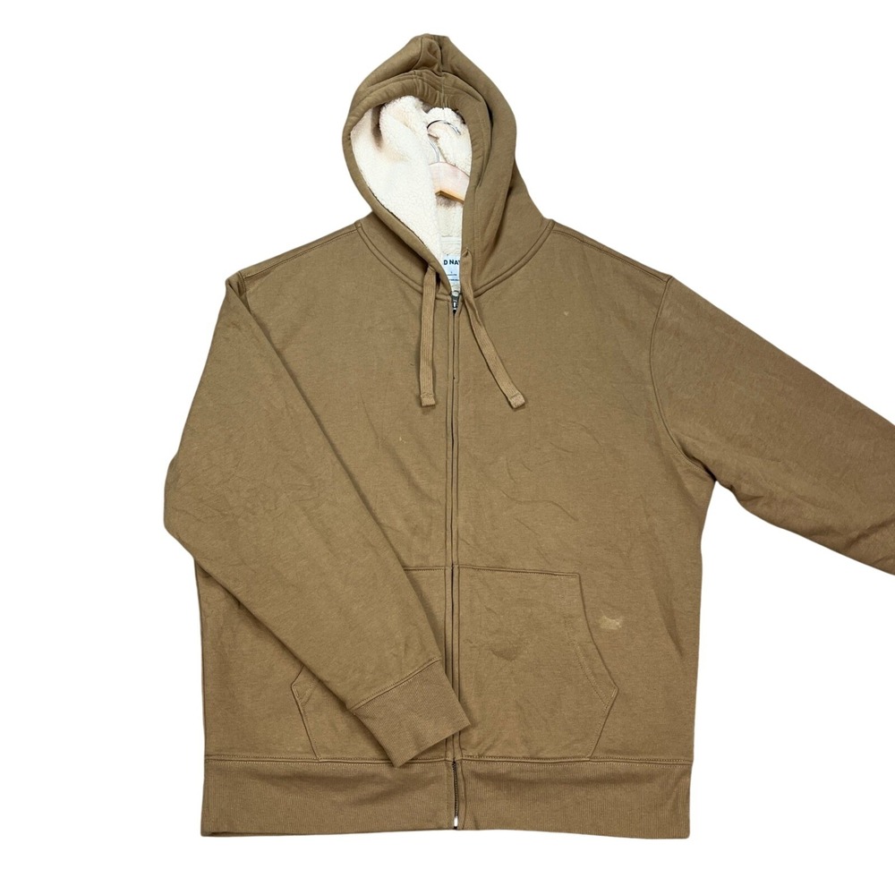 Old Navy Hoodie Men Large Brown Heavyweight Sweatshirt Sherpa Lined Full Zip EUC